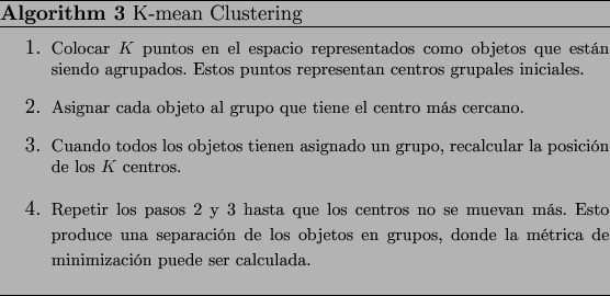 \begin{algorithm}
% latex2html id marker 199\caption{K-mean Clustering
}
\par
...
...trica de minimizacin puede ser calculada.}
\end{enumerate}\par
\end{algorithm}