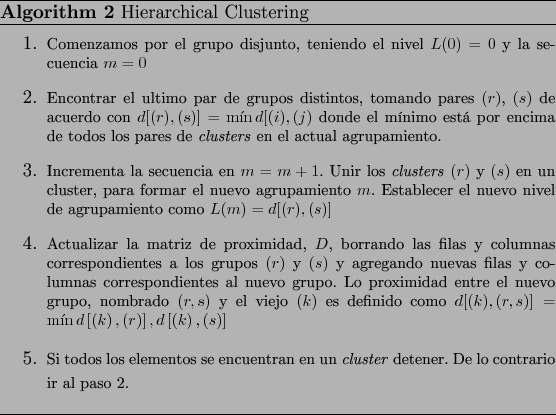 \begin{algorithm}
% latex2html id marker 144\caption{Hierarchical Clustering
}...
...e {}
detener. De lo contrario ir al paso 2.}
\end{enumerate}\par
\end{algorithm}